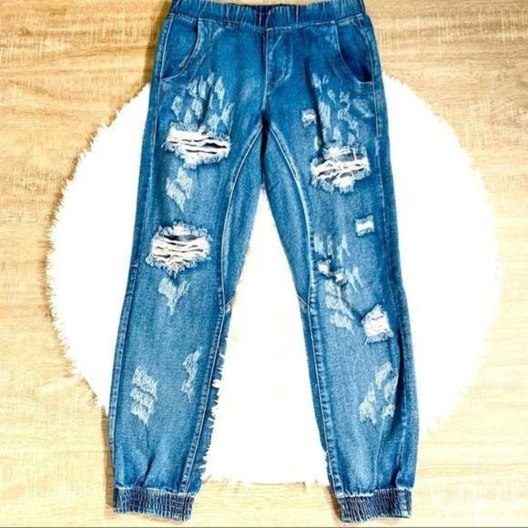 Signature Eight Blue Distressed Denim Jean Joggers Small - Picture 1 of 9